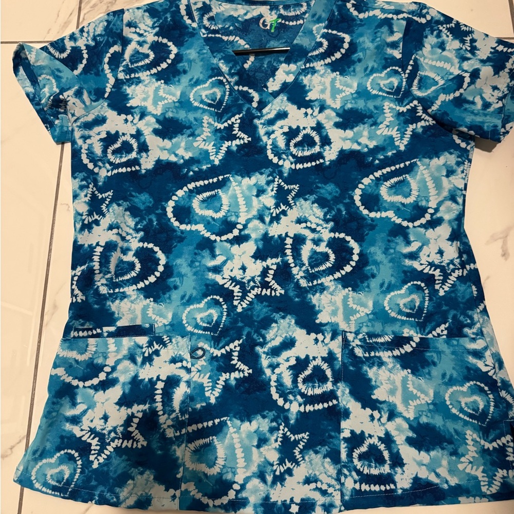 Blue Tie-Dye Printed Scrub Top